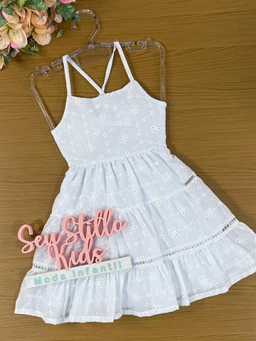 Vestido Infantil Catavento Verão Branco Ano Novo em Laise