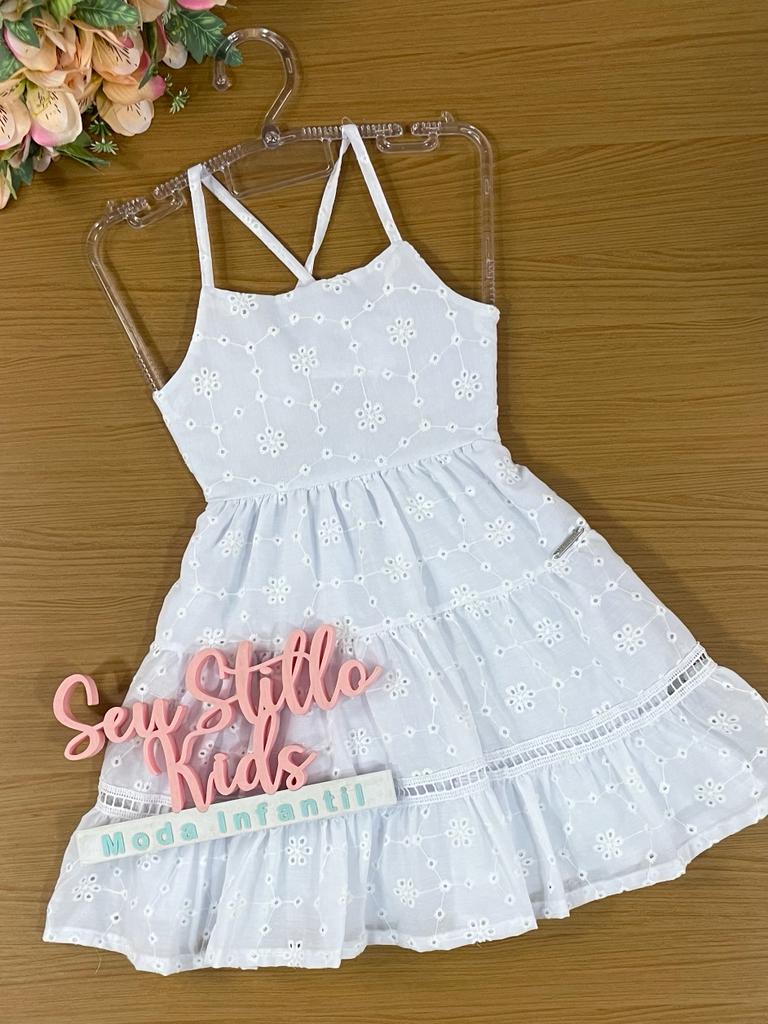 Vestido Infantil Catavento Verão Branco Ano Novo em Laise