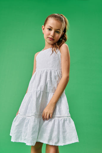 Vestido Infantil Catavento Verão Branco Ano Novo em Laise