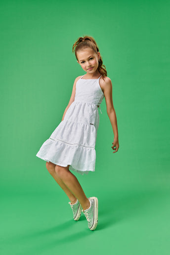 Vestido Infantil Catavento Verão Branco Ano Novo em Laise