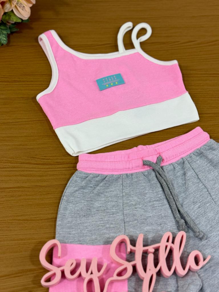 Conjunto Infantil Catavento Verão Com Shorts e Blusa Rosa Vibes
