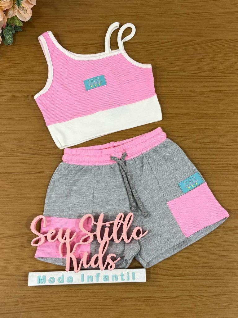 Conjunto Infantil Catavento Verão Com Shorts e Blusa Rosa Vibes