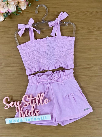 Conjunto Infantil Catavento Verão Com Shorts e Cropped Rosa
