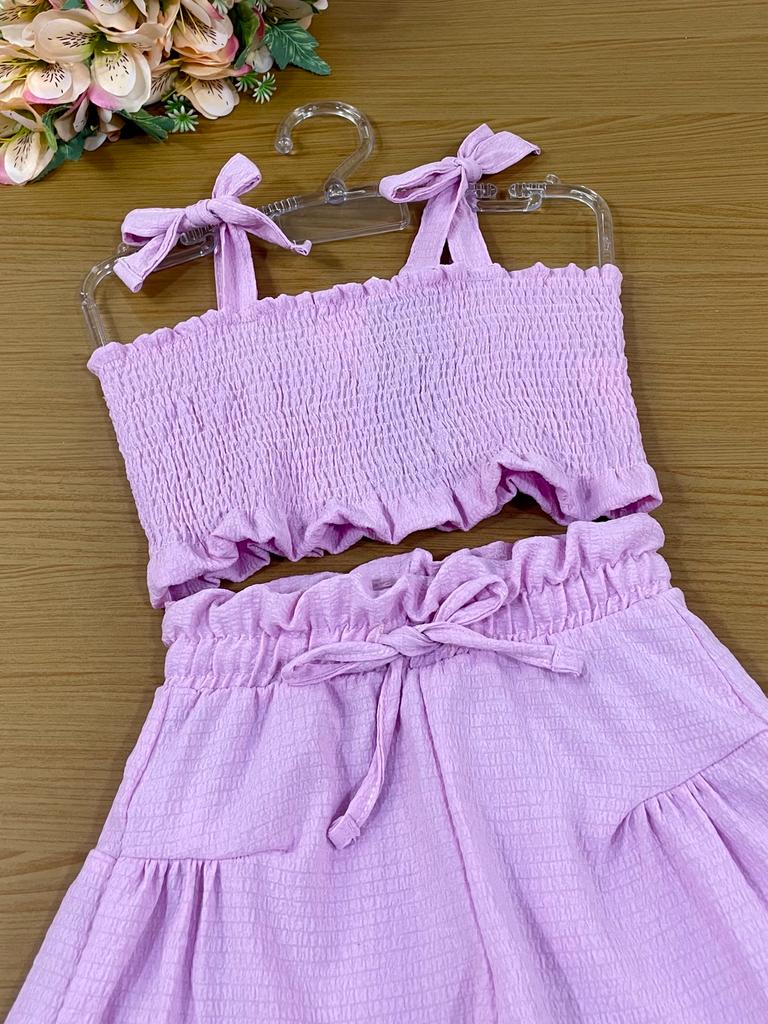 Conjunto Infantil Catavento Verão Com Shorts e Cropped Rosa