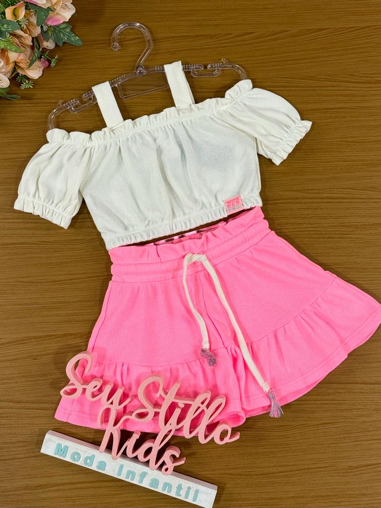 Conjunto Infantil Catavento Verão Com Shorts Rosa e Blusa Off