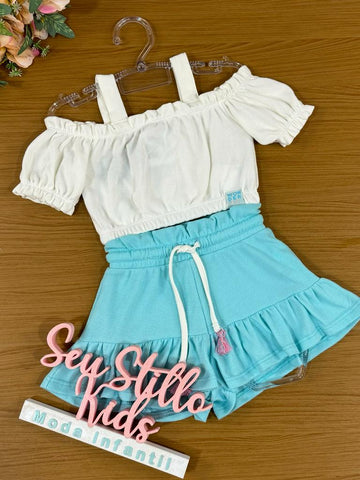 Conjunto Infantil Catavento Verão Com Shorts Azul e Blusa Off