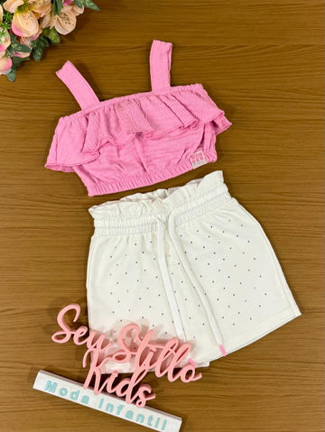 Conjunto Infantil Catavento Verão Com Shorts Saia e Blusa Rosa