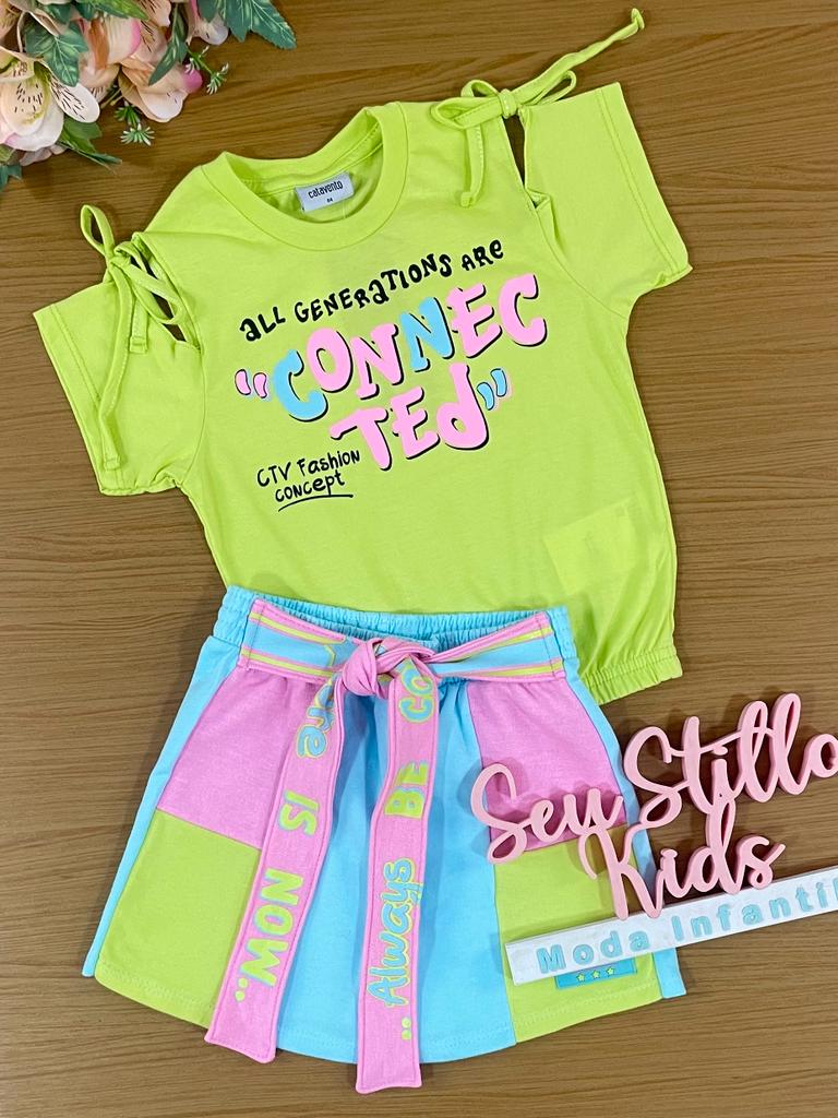 Conjunto Infantil Catavento Verão Com Shorts Saia e Blusa Colorida