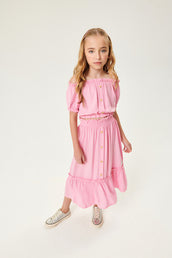 Conjunto Infantil Catavento Verão Com Saia e Blusa Rosa Claro