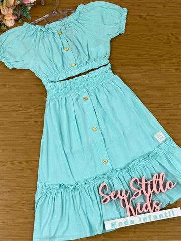 Conjunto Infantil Catavento Verão Com Saia e Blusa Azul Claro