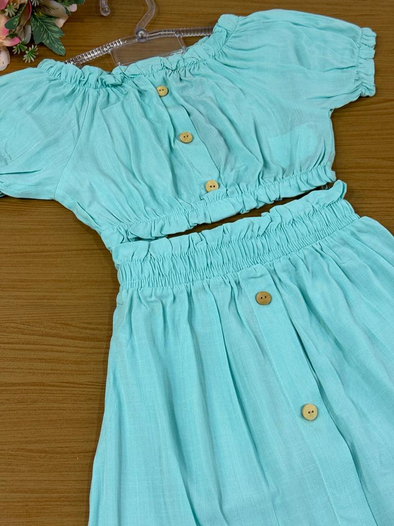 Conjunto Infantil Catavento Verão Com Saia e Blusa Azul Claro