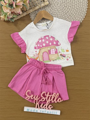 Conjunto Infantil Kukiê Verão com Shorts Rosa e Blusa Off White Casinha Cogumelo