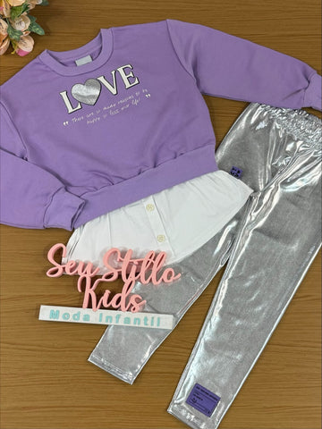 Conjunto Infantil Catavento Inverno com Legging e Moletom Lilás Love