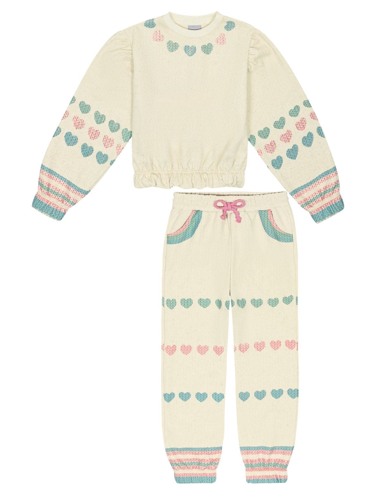 Conjunto Infantil Catavento Inverno Calça e Moletom Flanelado Corações Bege