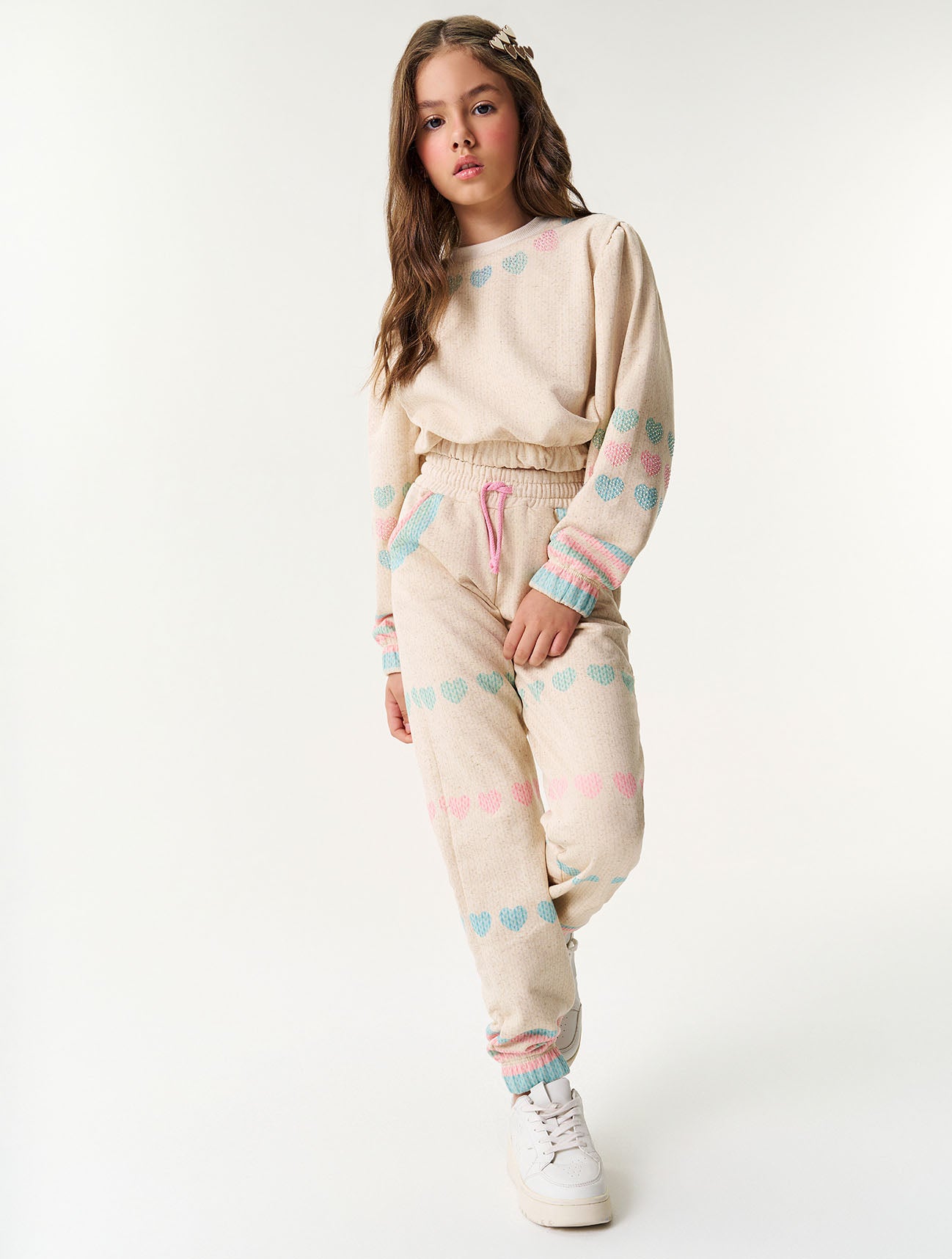 Conjunto Infantil Catavento Inverno Calça e Moletom Flanelado Corações Bege