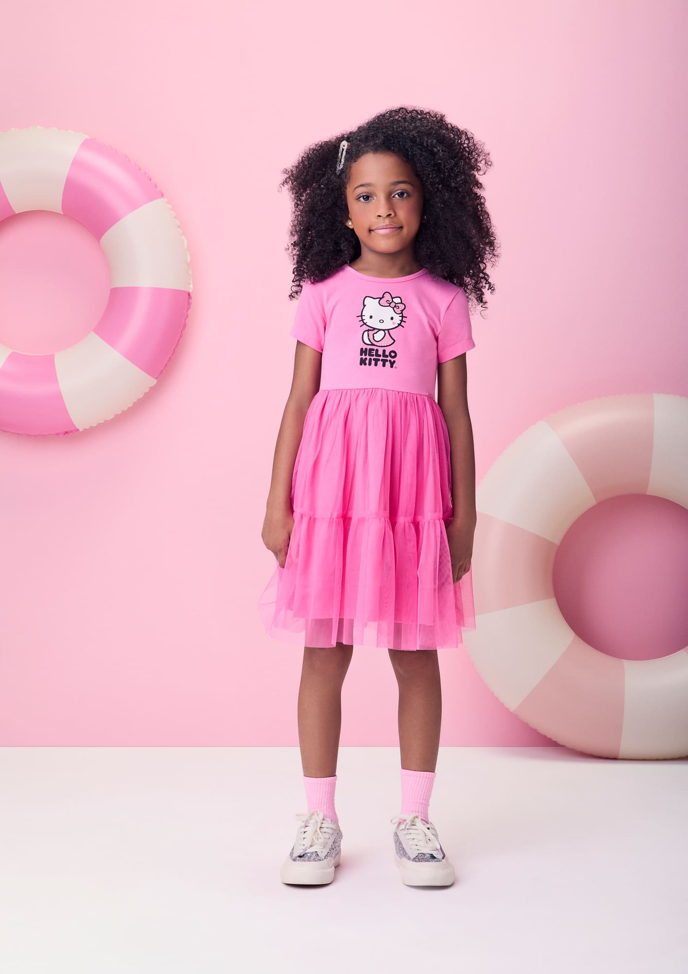 Vestido Infantil Momi Verão Rosa com Tule Hello Kitty