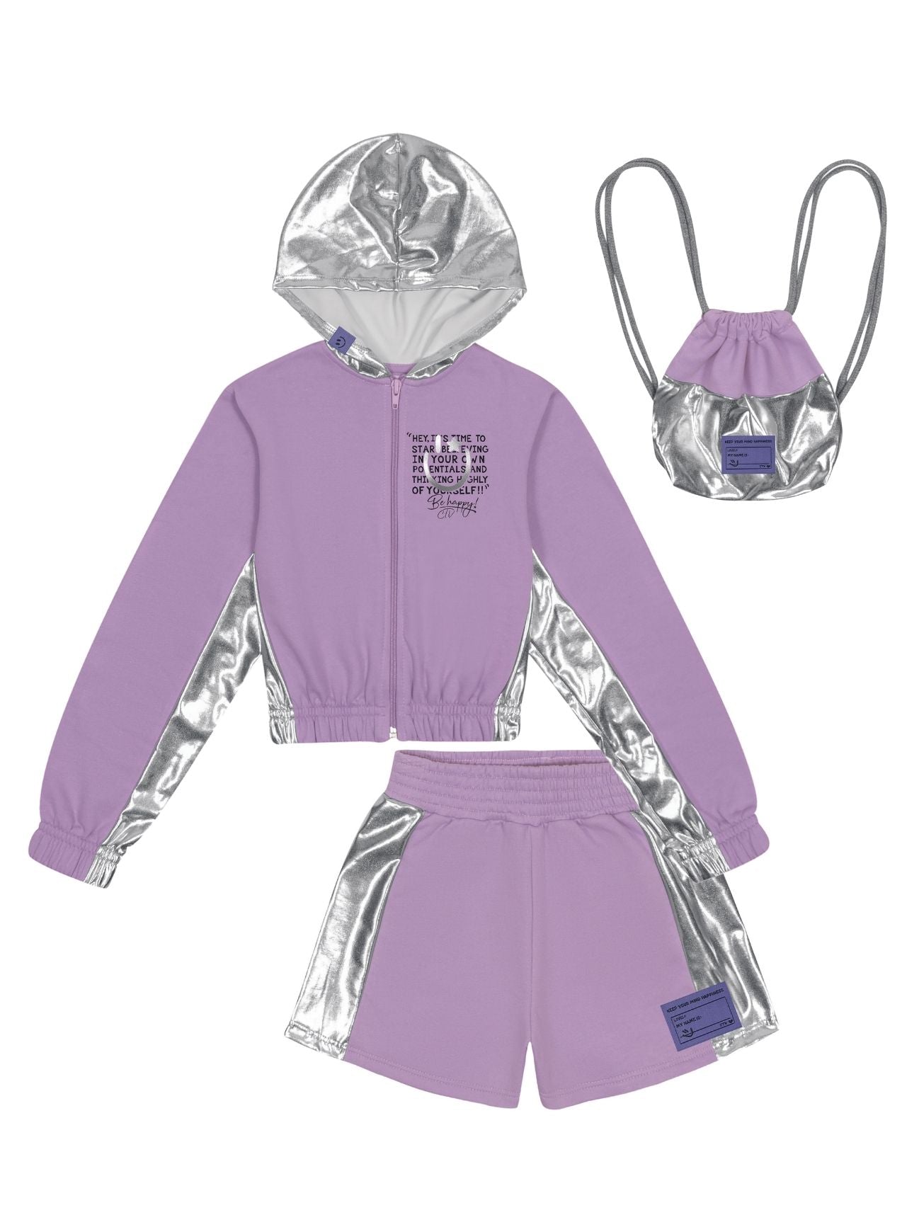 Conjunto Infantil Catavento Inverno Shorts Jaqueta Moletinho  e Bolsa Brilho Lilás