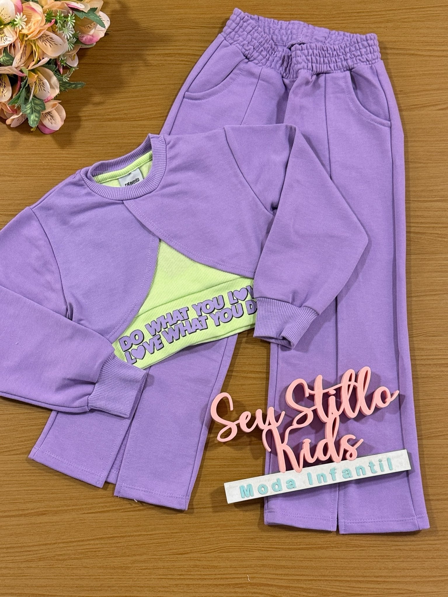 Conjunto Infantil Catavento Inverno Calça e Sobreposição em Moletom e Blusa Verde Love