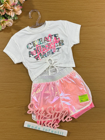 Conjunto Infantil Catavento Verão Shorts Holográfico e Blusa Always