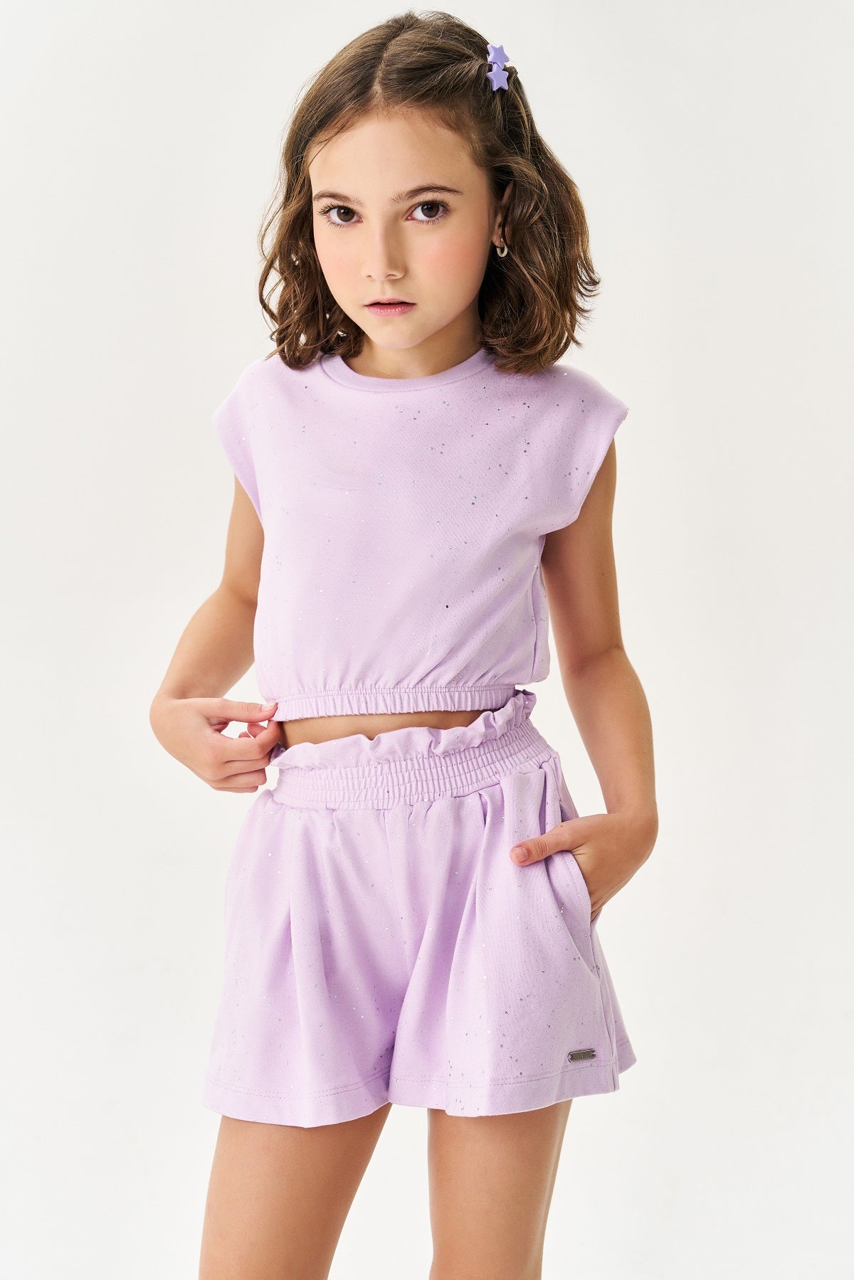 Conjunto Infantil Catavento Verão Shorts e Blusa Lilás Brilhante