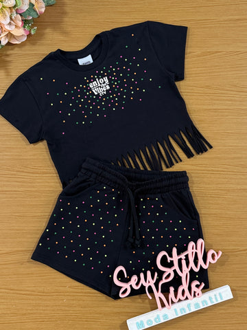 Conjunto Infantil Catavento Verão Shorts e Blusa Preta Vibes