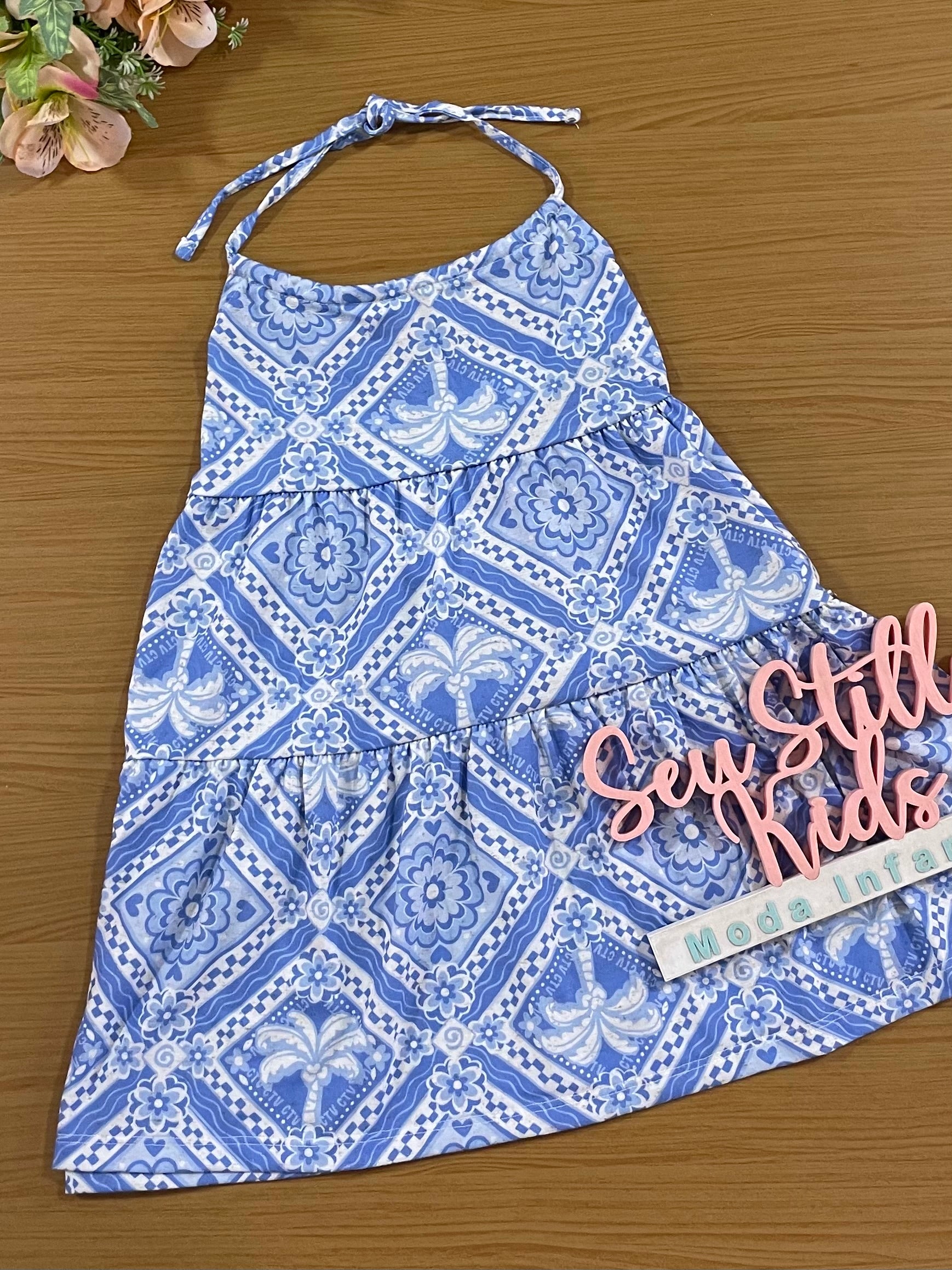 Vestido Infantil Catavento Verão Azul Tropical