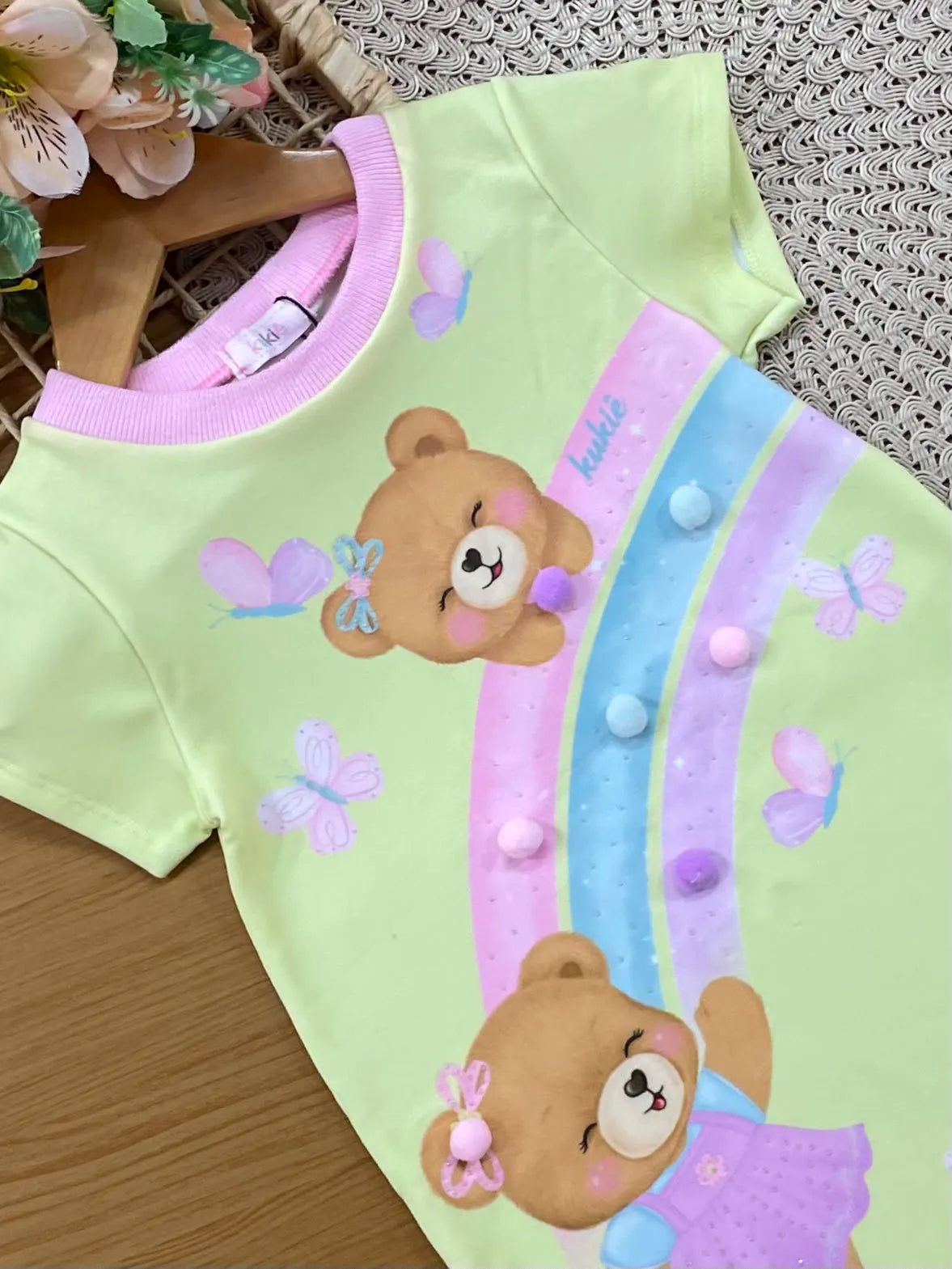 Vestido Infantil Kukiê Amarelo Ursinho com Pompom