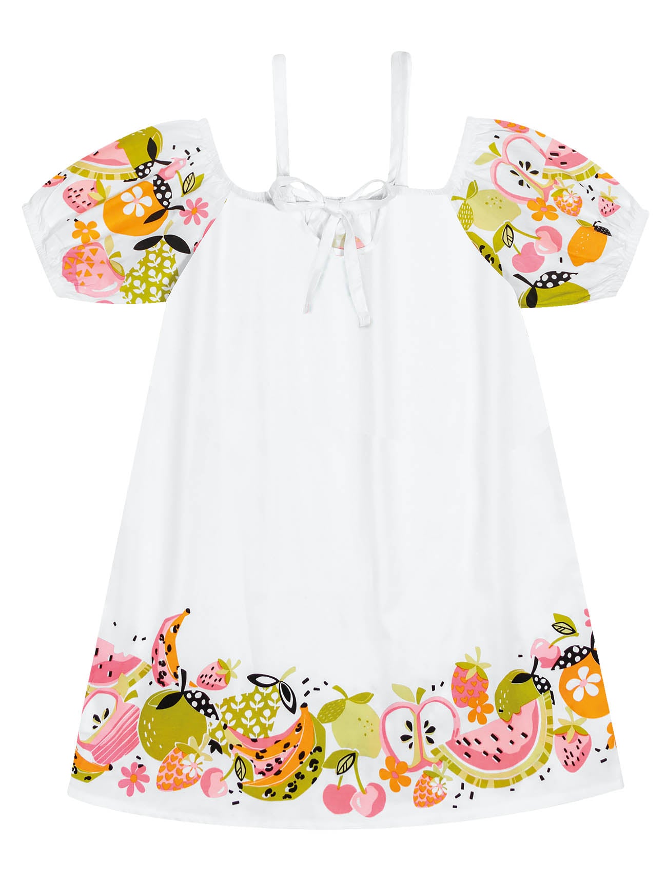 Vestido Infantil Catavento Verão Branco Frutas