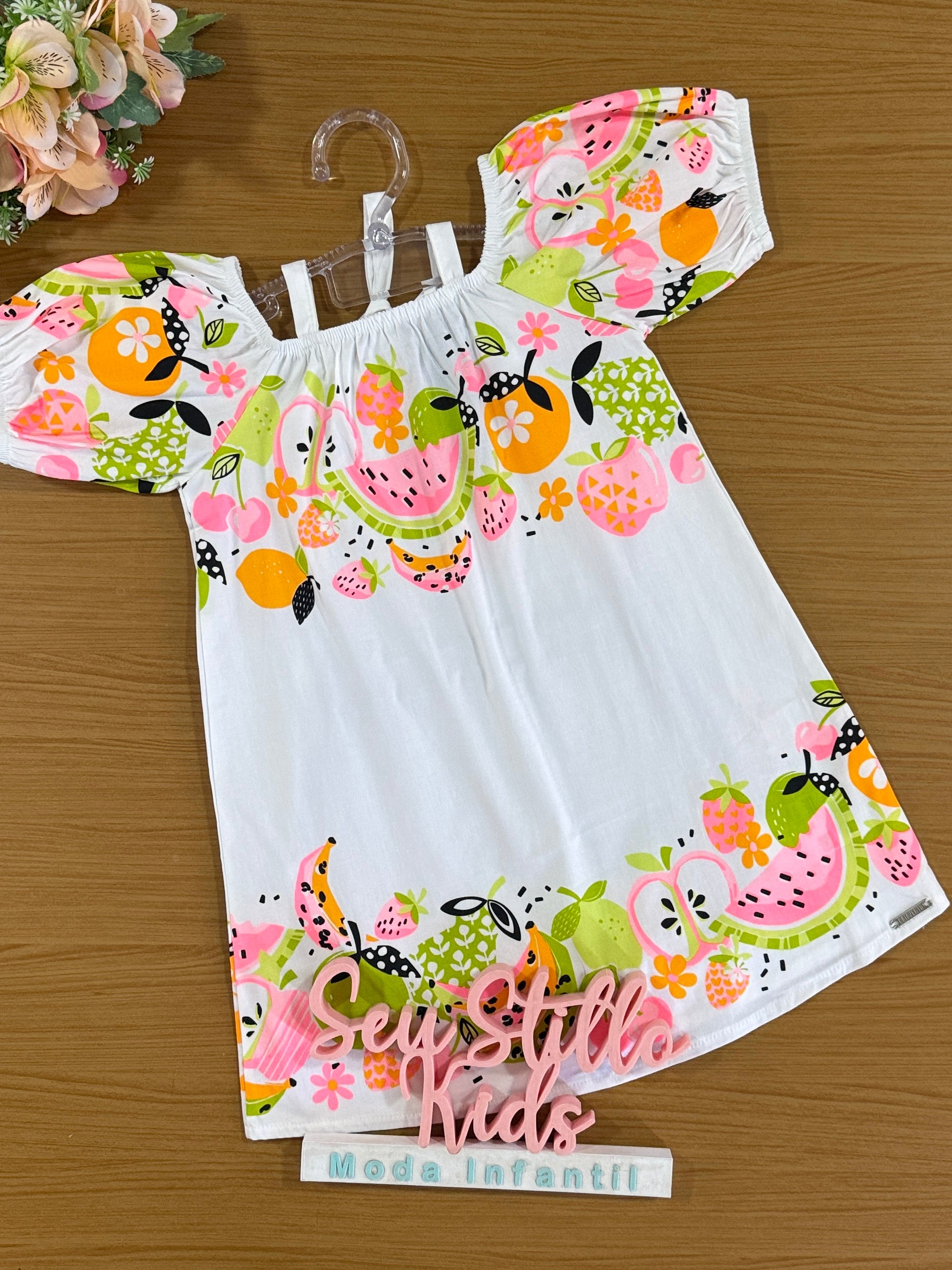 Vestido Infantil Catavento Verão Branco Frutas