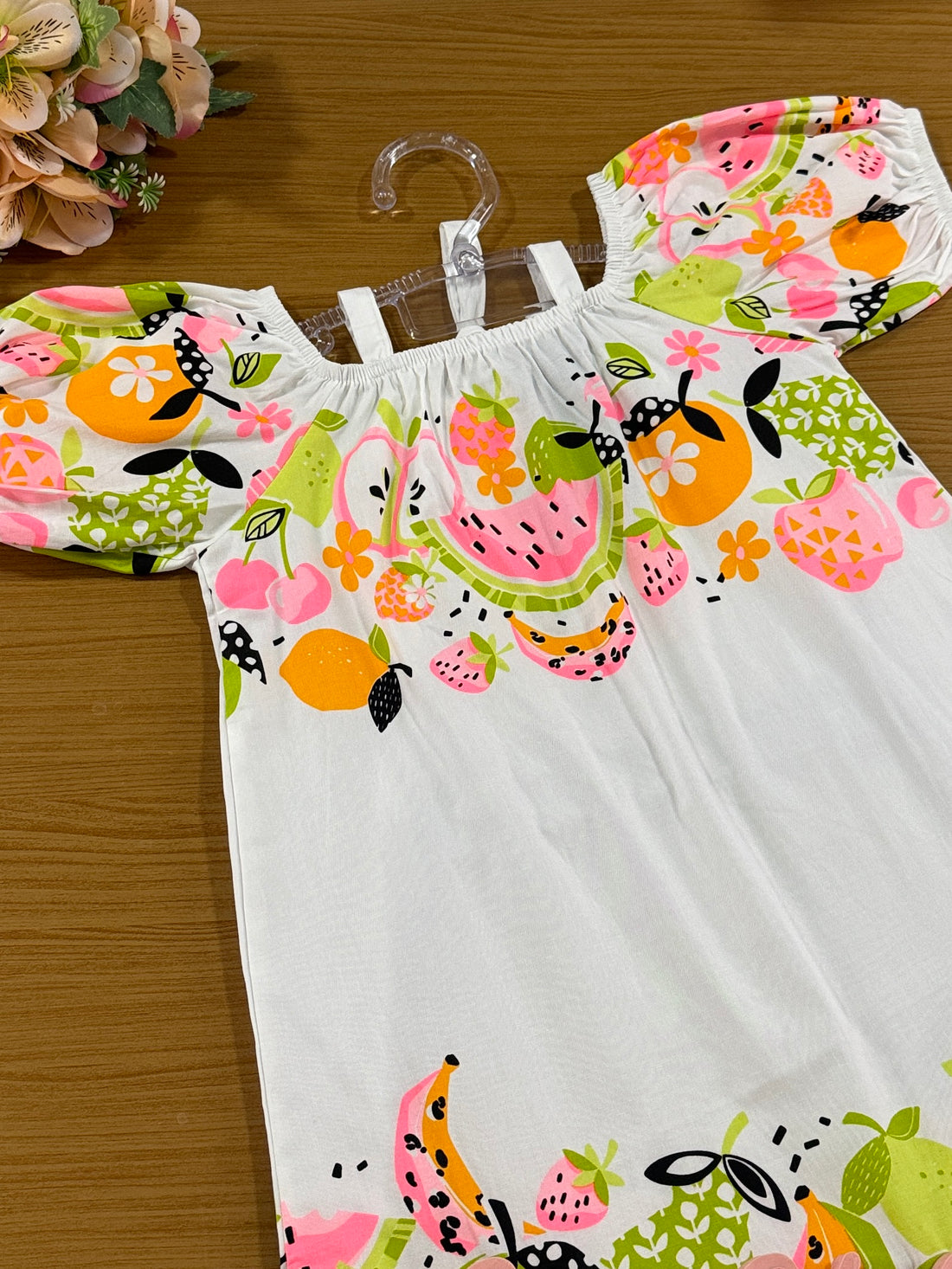 Vestido Infantil Catavento Verão Branco Frutas
