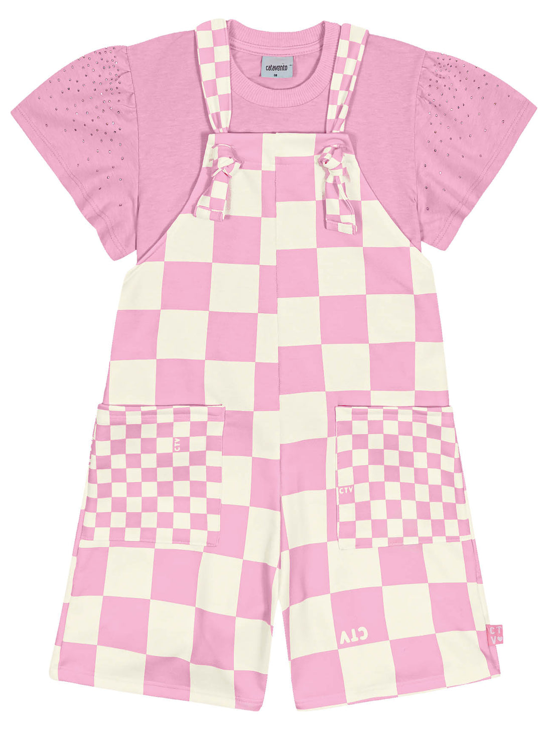 Macaquinho Infantil Catavento Verão Rosa Xadrez com Blusa