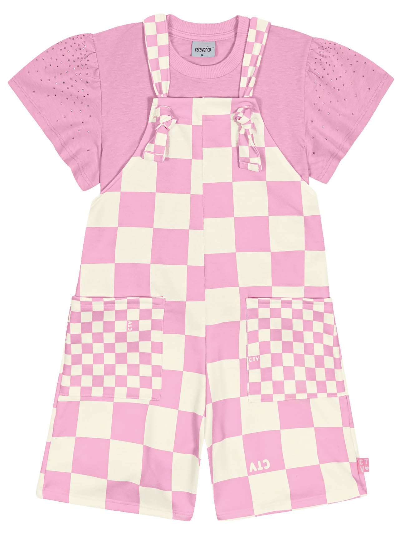 Macaquinho Infantil Catavento Verão Rosa Xadrez com Blusa