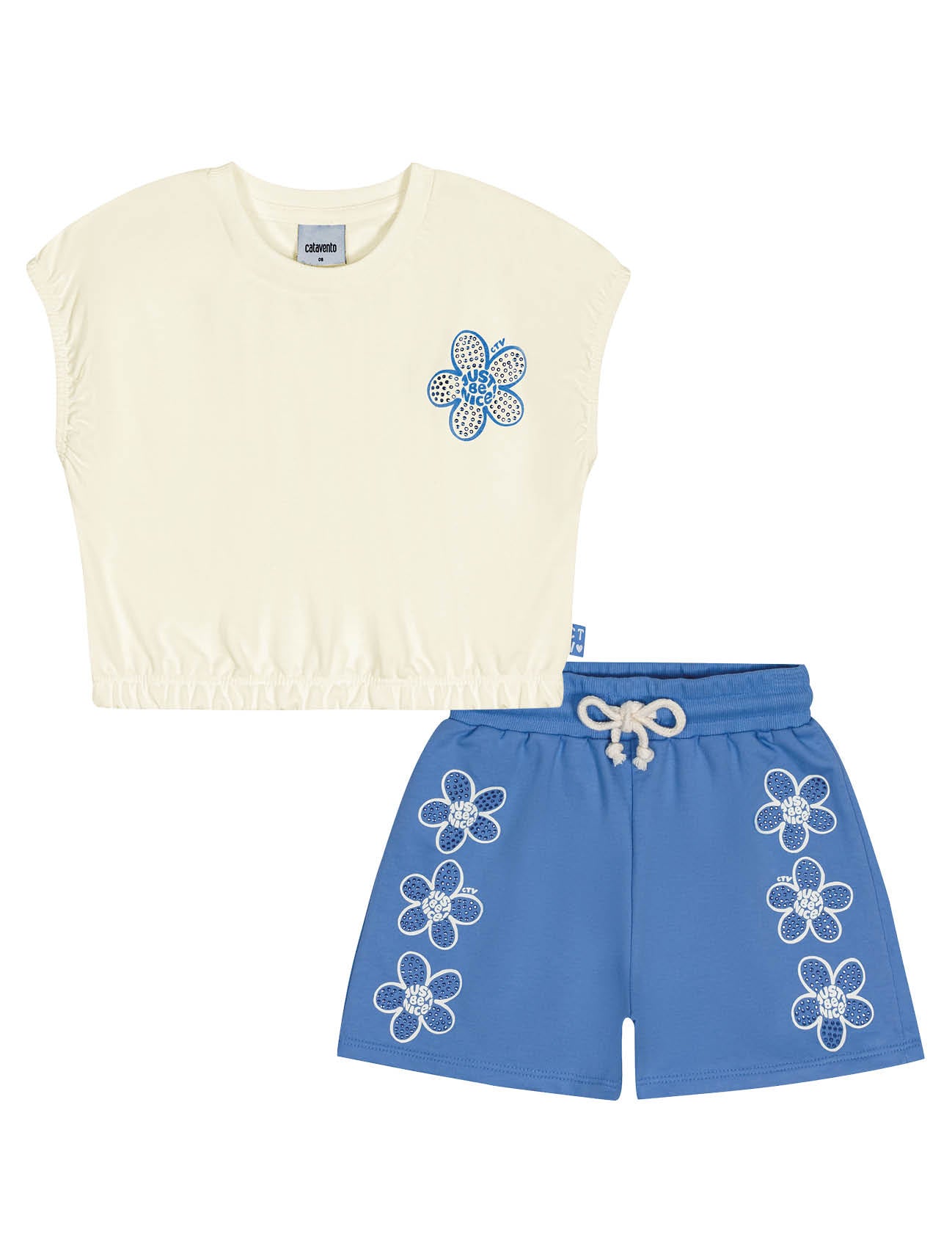 Conjunto Infantil Catavento Verão Shorts Azul e Blusa Off Flor