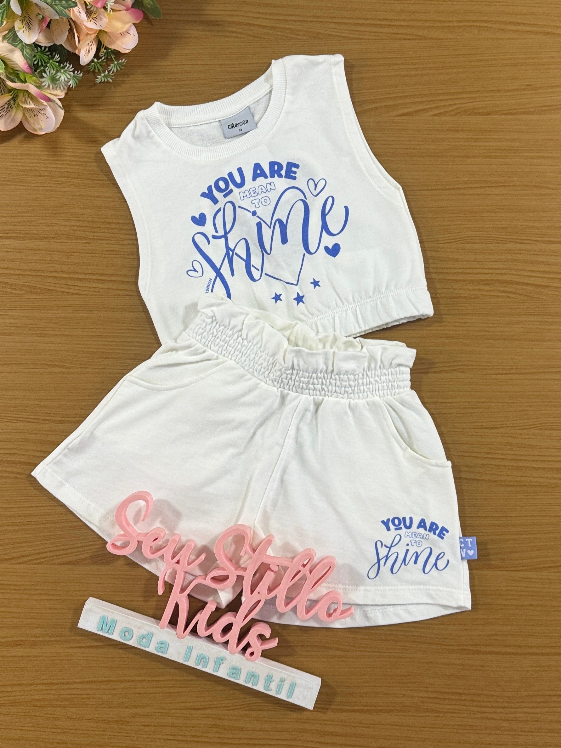Conjunto Infantil Catavento Verão Shorts e Blusa Off White Shine