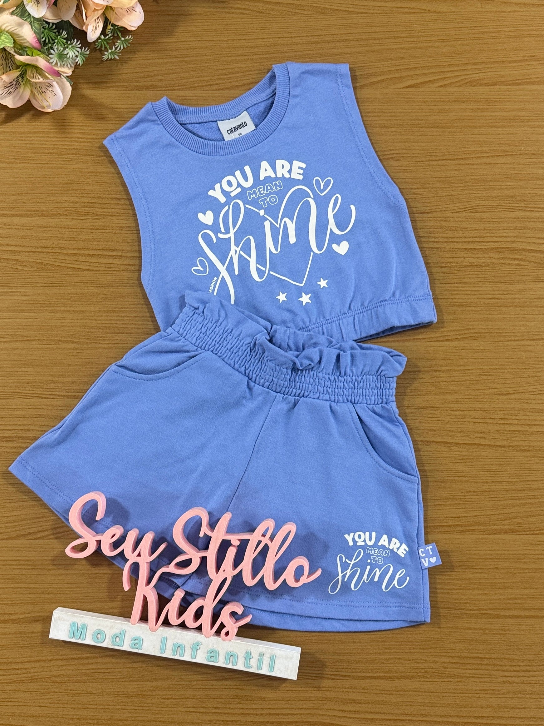 Conjunto Infantil Catavento Verão Shorts e Blusa Azul Shine