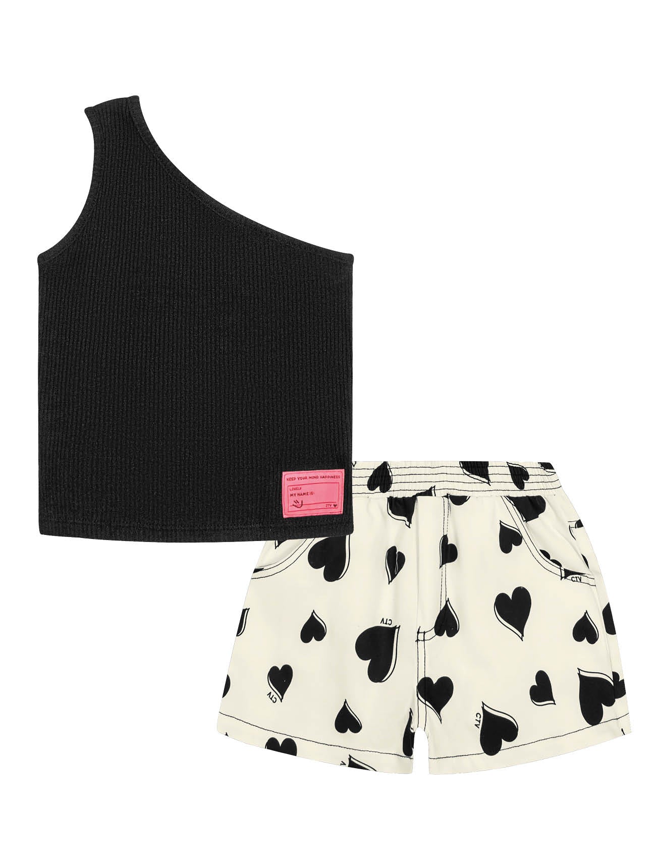 Conjunto Infantil Catavento Verão Shorts Coração e Blusa Preta