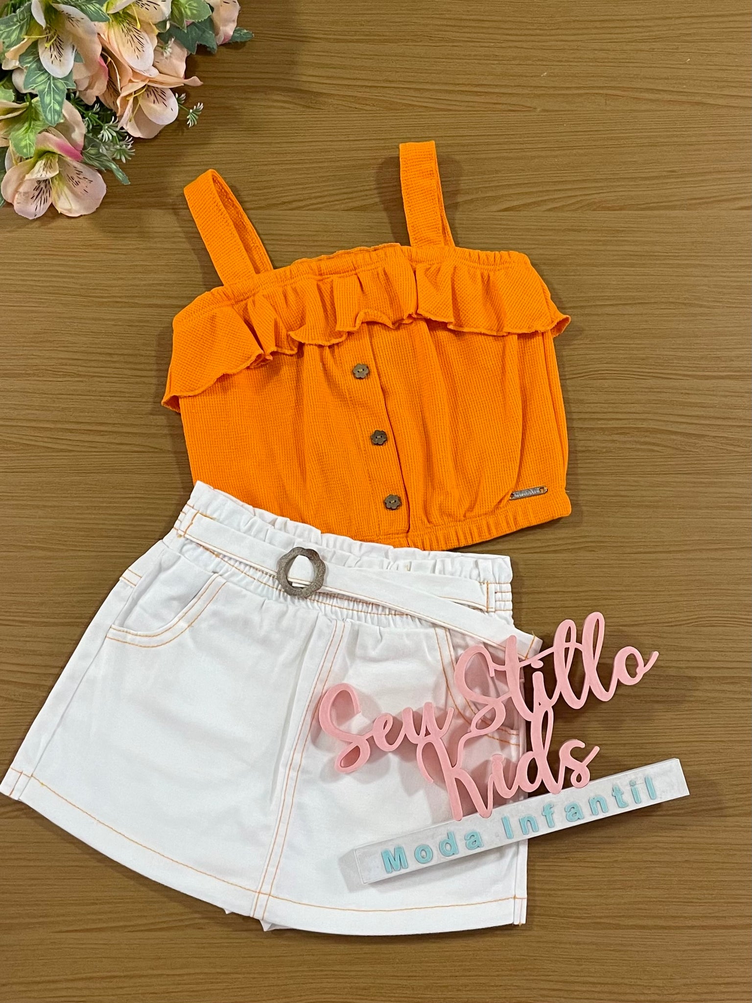 Conjunto Infantil Catavento Verão Shorts Saia e Cropped Laranja