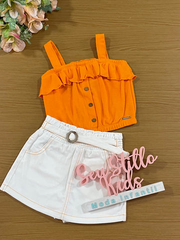 Conjunto Infantil Catavento Verão Shorts Saia e Cropped Laranja