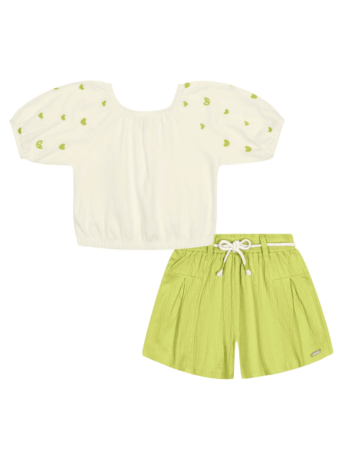 Conjunto Infantil Catavento Verão Shorts Verde e Blusa Coração