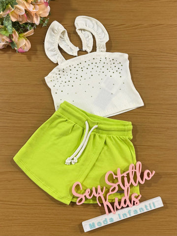Conjunto Infantil Catavento Verão Shorts Saia Verde e Blusa Brilho