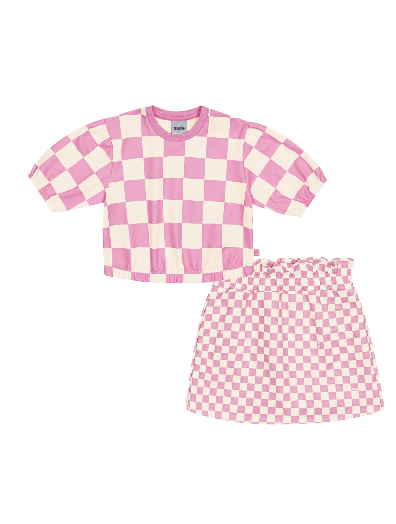 Conjunto Infantil Catavento Verão Shorts Saia e Blusa Quadriculada Rosa