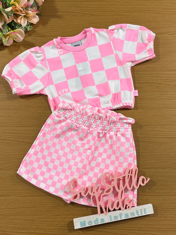 Conjunto Infantil Catavento Verão Shorts Saia e Blusa Quadriculada Rosa