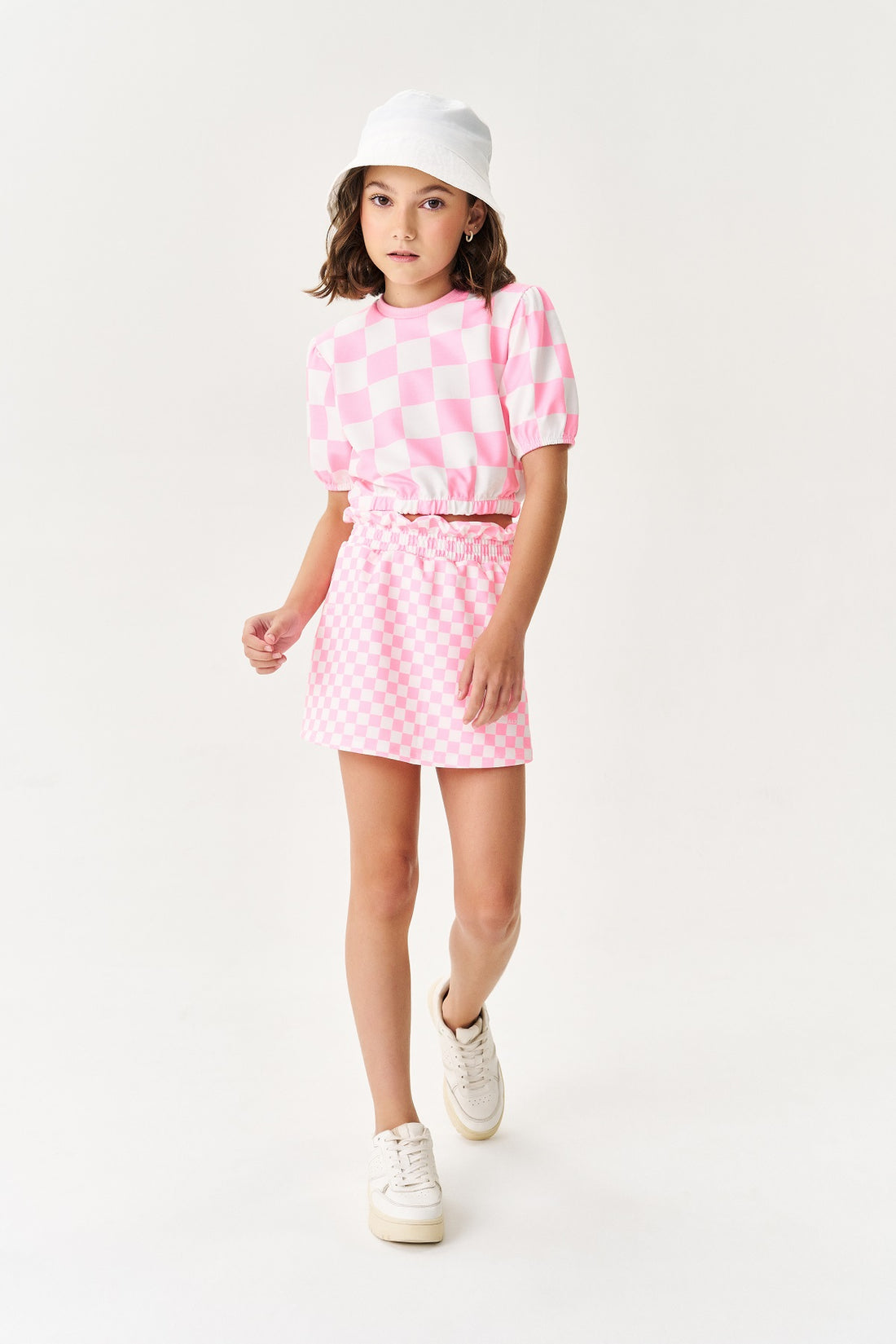 Conjunto Infantil Catavento Verão Shorts Saia e Blusa Quadriculada Rosa