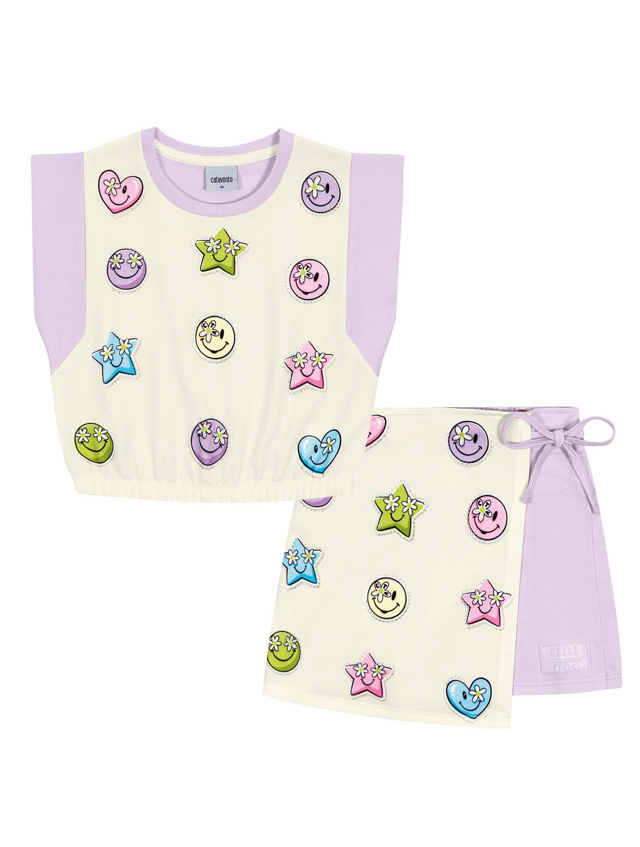 Conjunto Infantil Catavento Verão Shorts Saia e Blusa Lilás Emoji