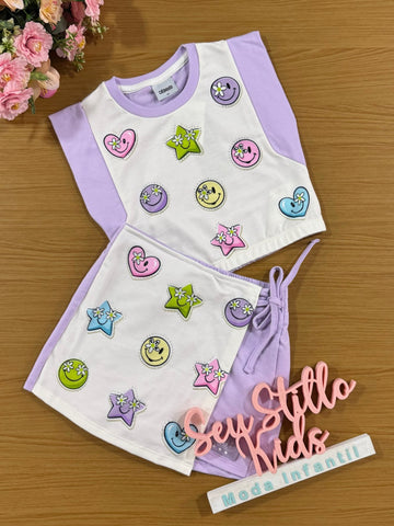 Conjunto Infantil Catavento Verão Shorts Saia e Blusa Lilás Emoji