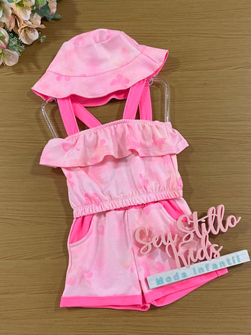 Conjunto Infantil Catavento Verão Shorts e Cropped Rosa Borboleta com Bucket