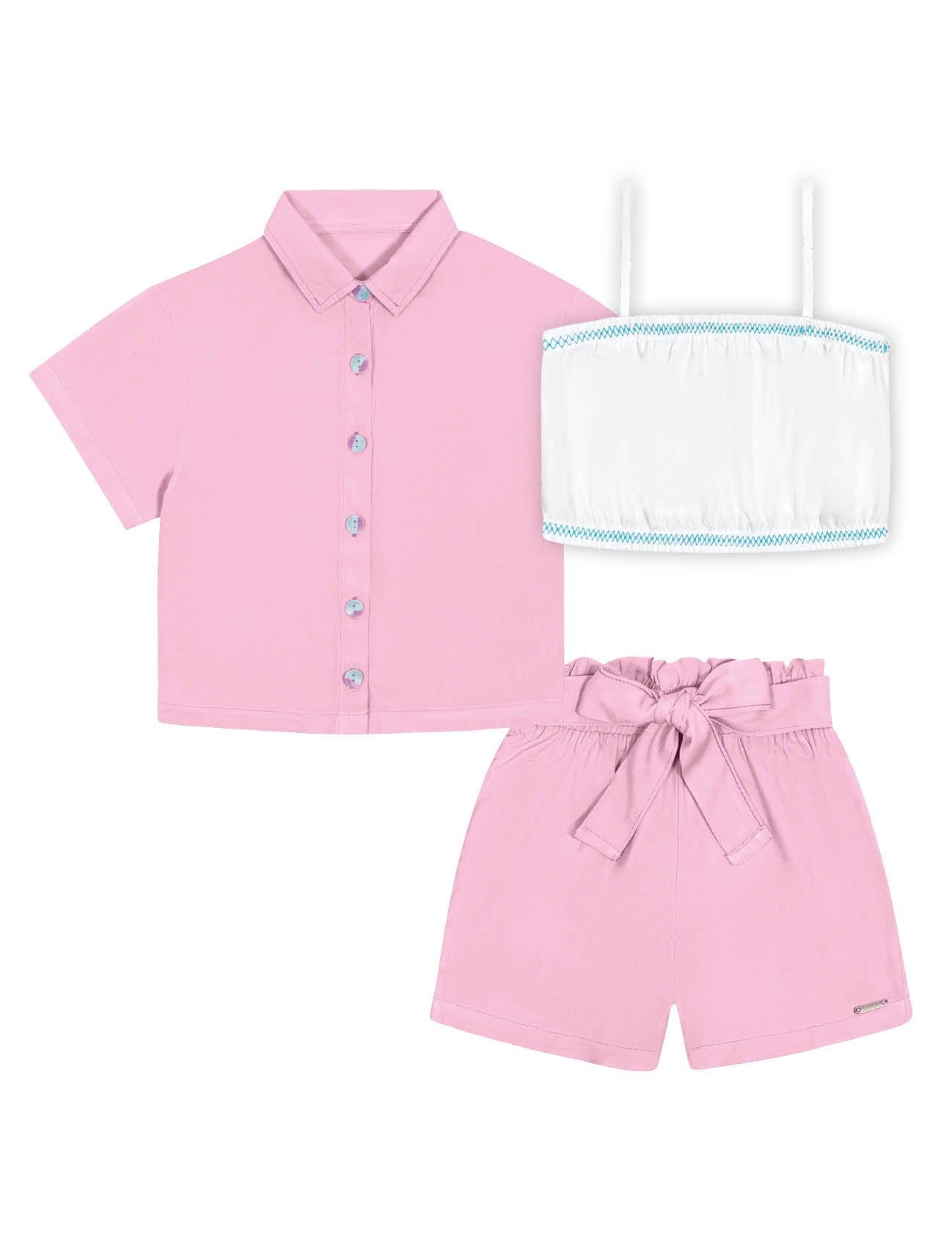 Conjunto Infantil Catavento Verão Shorts, Top e Camisa Rosa