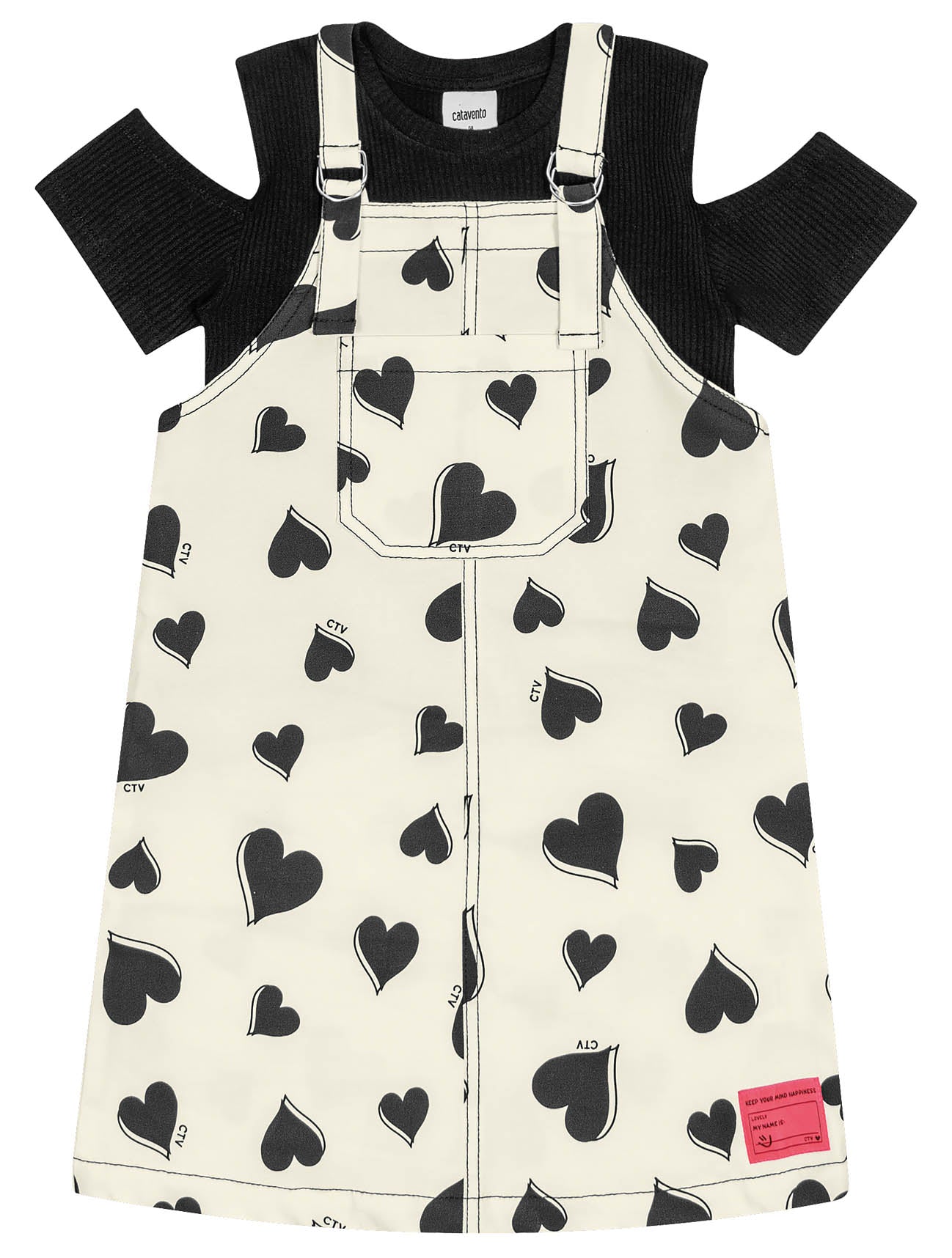 Salopete Infantil Catavento Verão Coração e Blusa Preta
