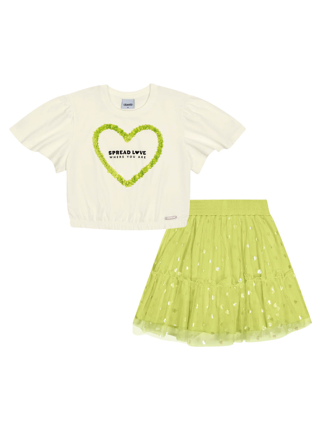 Conjunto Infantil Catavento Verão Saia Verde e Blusa Coração