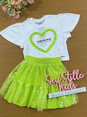 Conjunto Infantil Catavento Verão Saia Verde e Blusa Coração